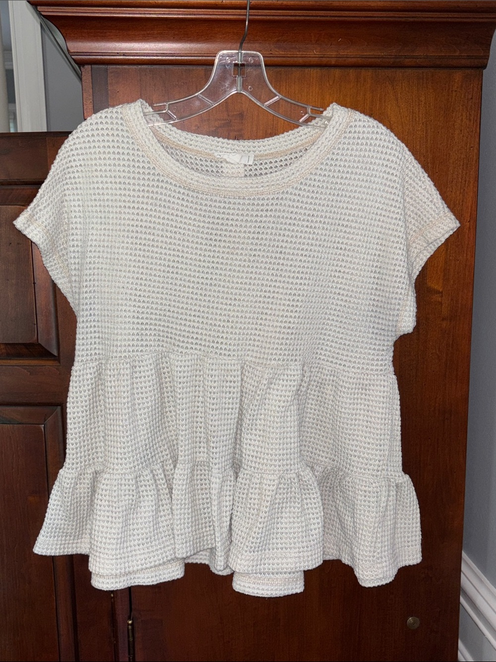 MINE Waffle-Knit Short Sleeve Tiered Peplum Top, Cream